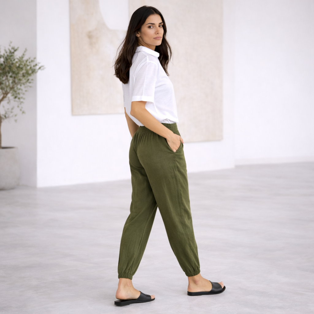 Pantalones de lino - Mujer jogger verano elástico