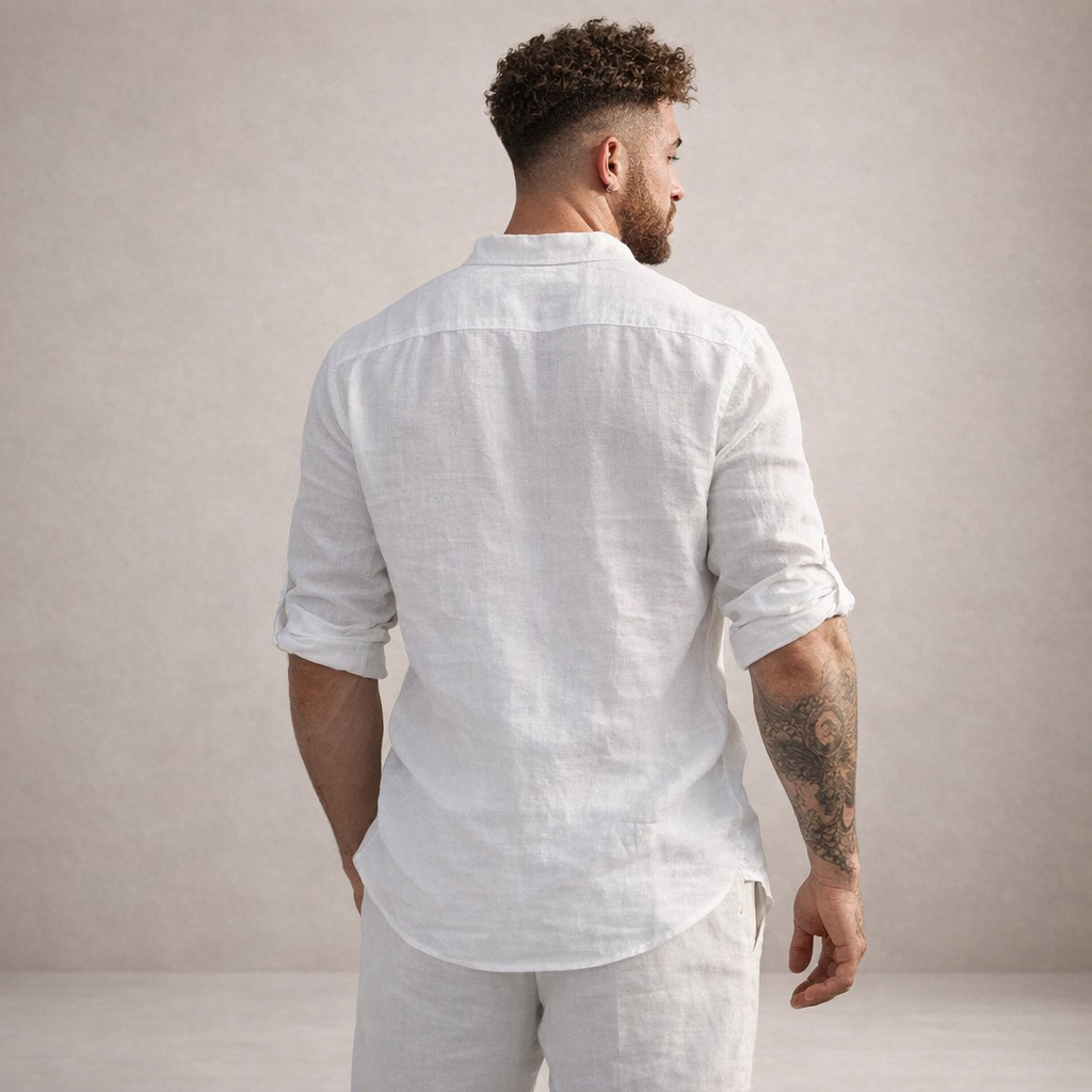 Camisa de Lino Hombre | Ajuste Regular, Cuello Levantado, Transpirable