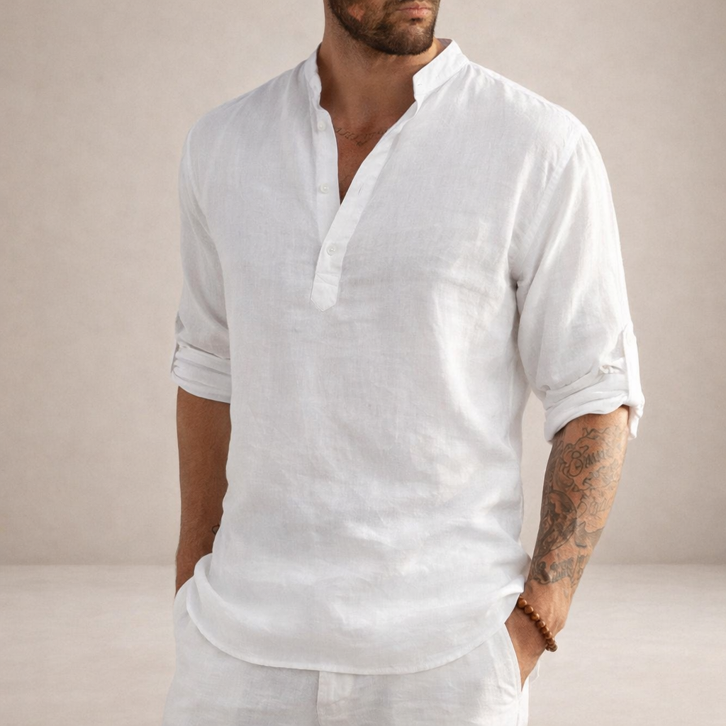 Camisa de Lino Hombre | Ajuste Regular, Cuello Levantado, Transpirable