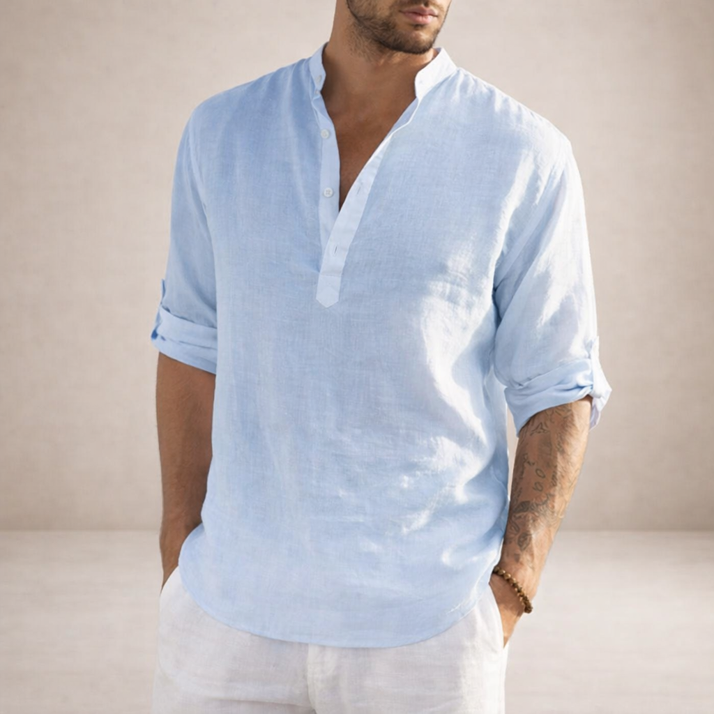 Camisa de Lino Hombre | Ajuste Regular, Cuello Levantado, Transpirable