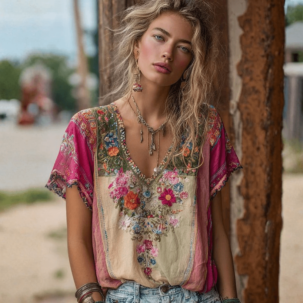Camiseta mujer escote V boho corte relajado estilo casual
