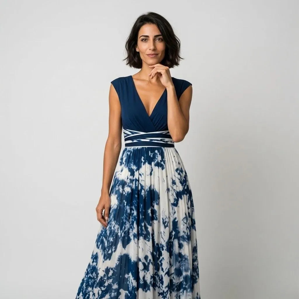Vestido midi evasé | escote cruzado estilizador | azul