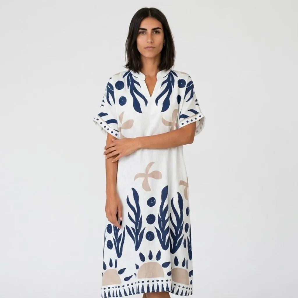 Vestido midi túnica | Corte amplio, lino blanco | Confort elegante
