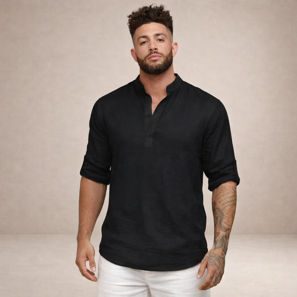 Camisa de Lino Hombre | Ajuste Regular, Cuello Levantado, Transpirable
