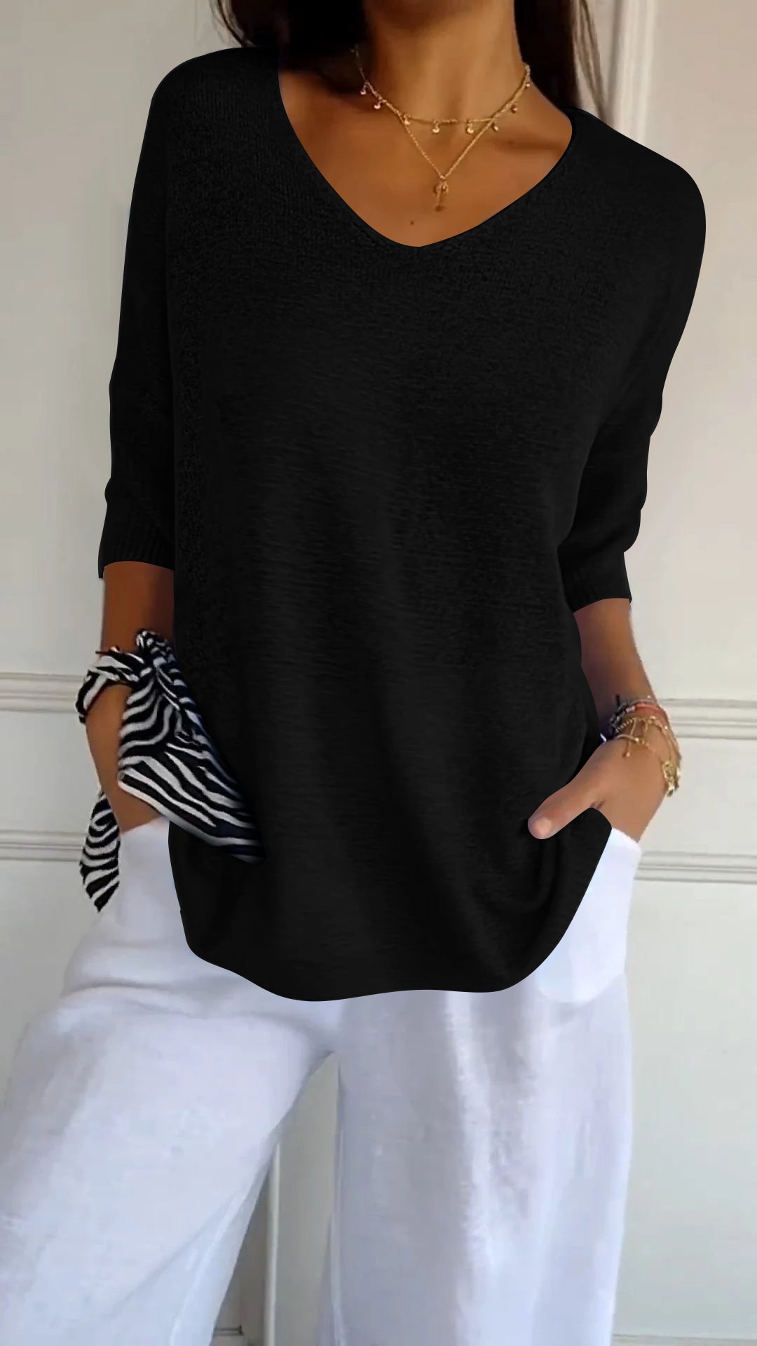 Jersey de punto mujer cuello V liso elástico