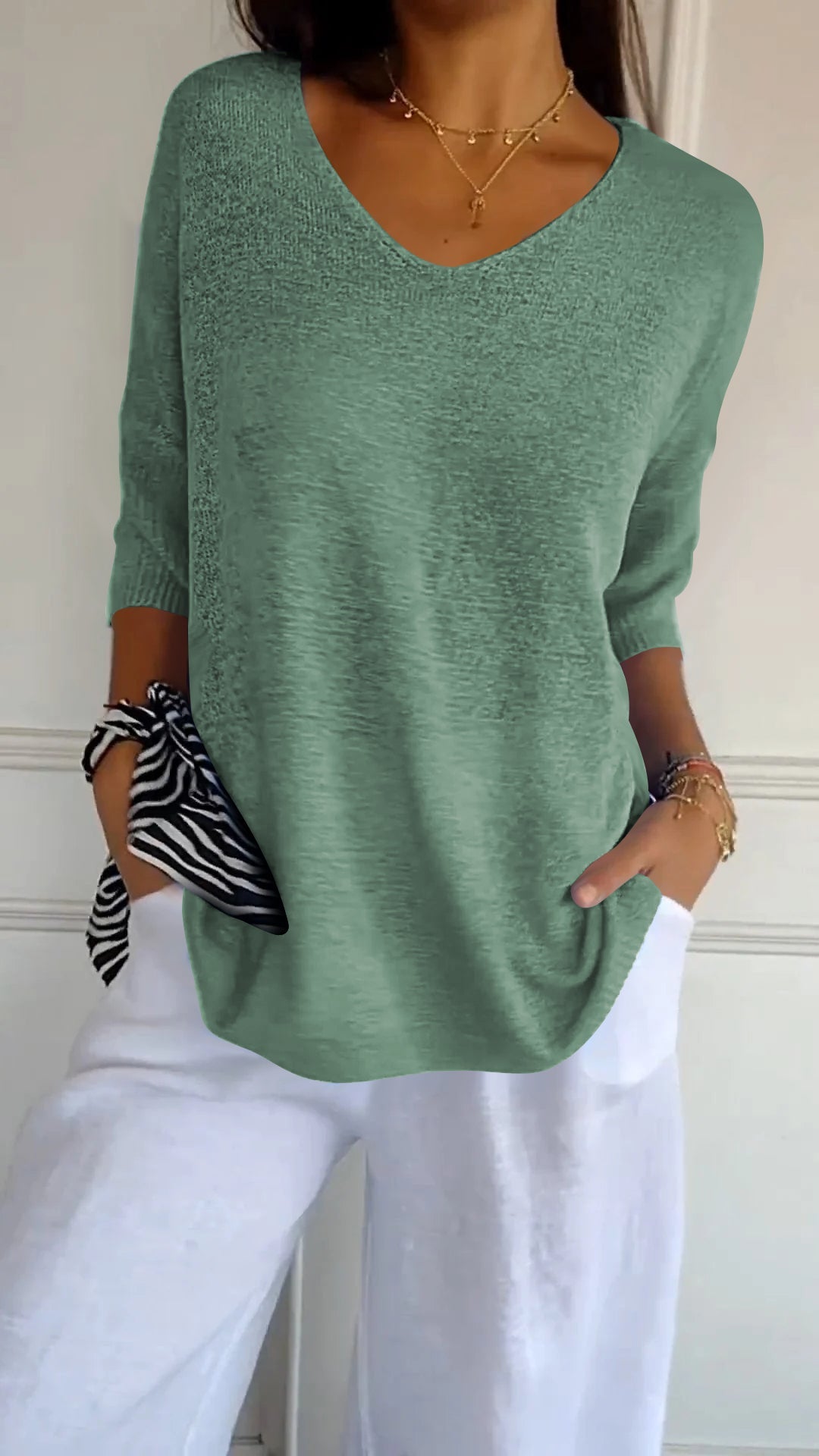 Jersey de punto mujer cuello V liso elástico