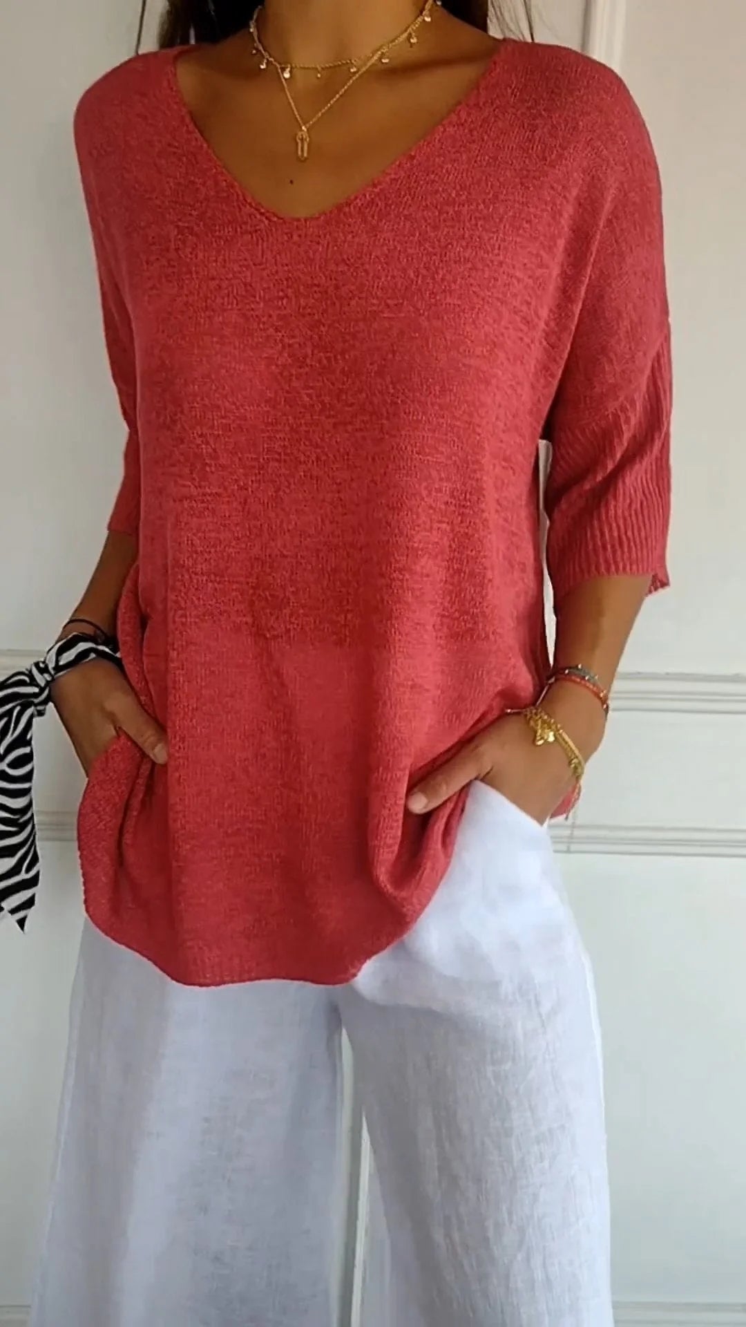 Jersey de punto mujer cuello V liso elástico