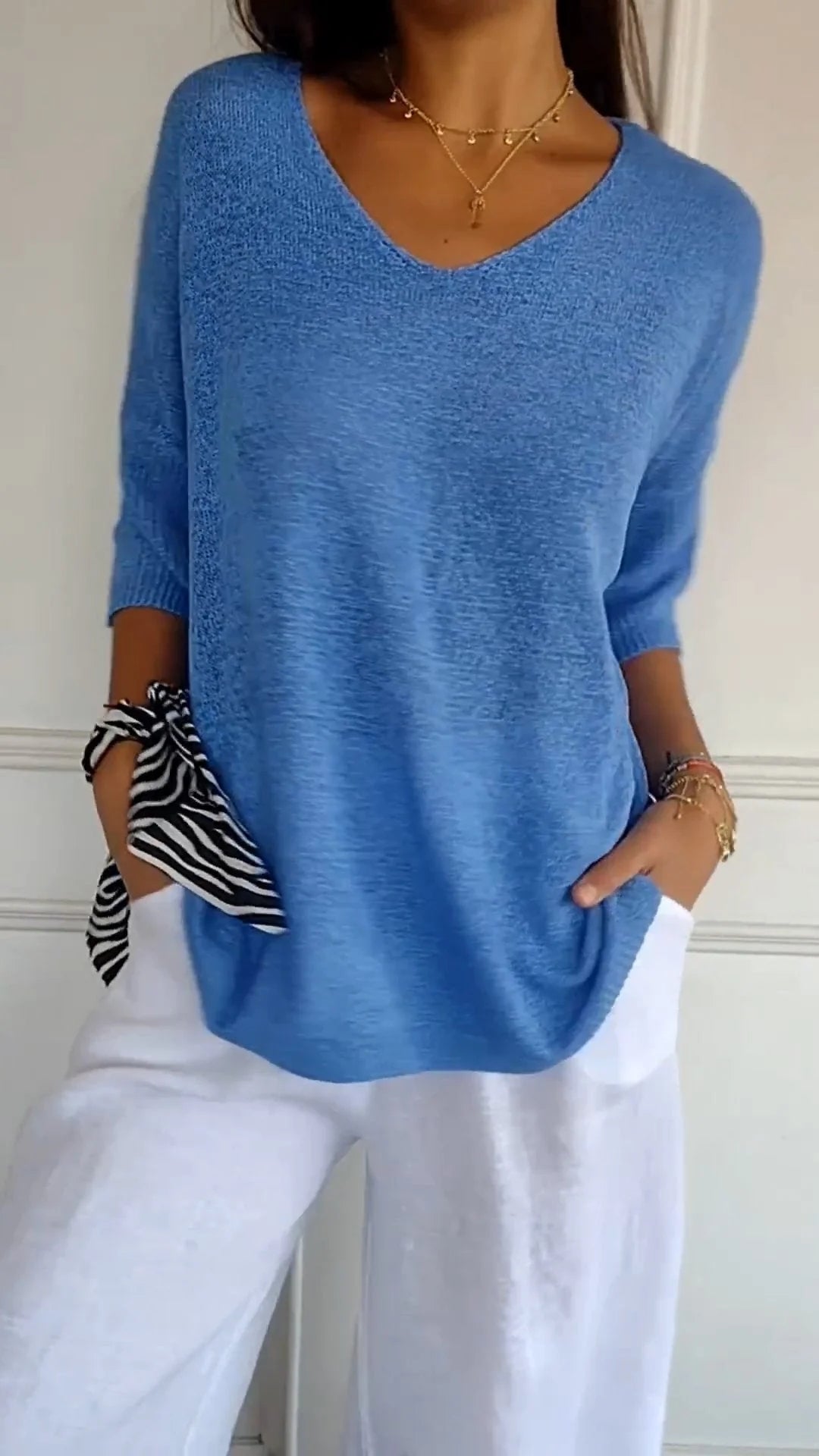 Jersey de punto mujer cuello V liso elástico