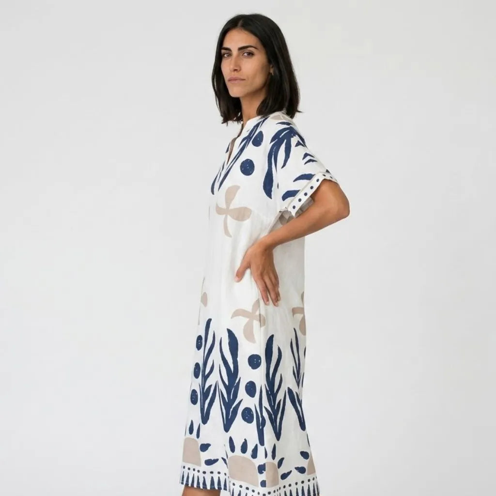 Vestido midi túnica | Corte amplio, lino blanco | Confort elegante