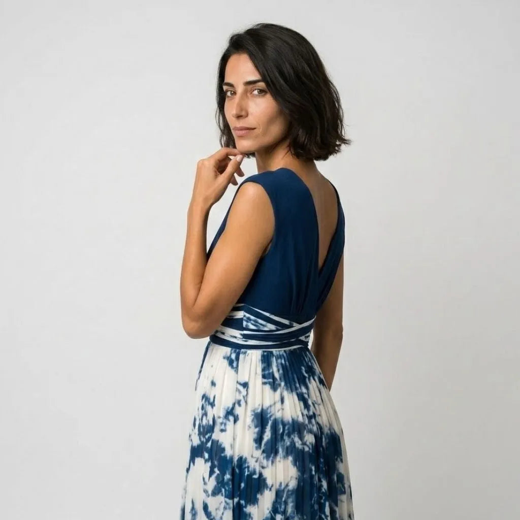 Vestido midi evasé | escote cruzado estilizador | azul