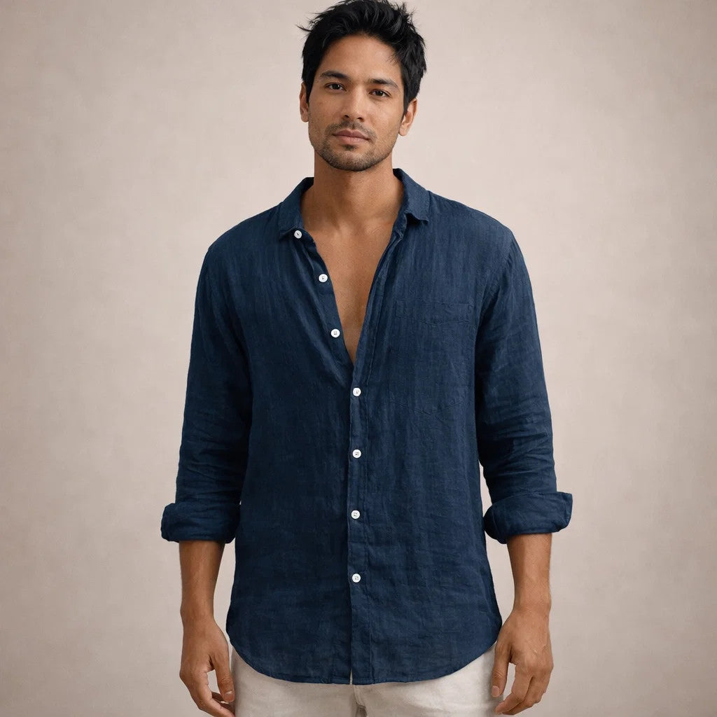 Camisa de Lino para Hombre | Ajuste Relajado, Cuello Abierto