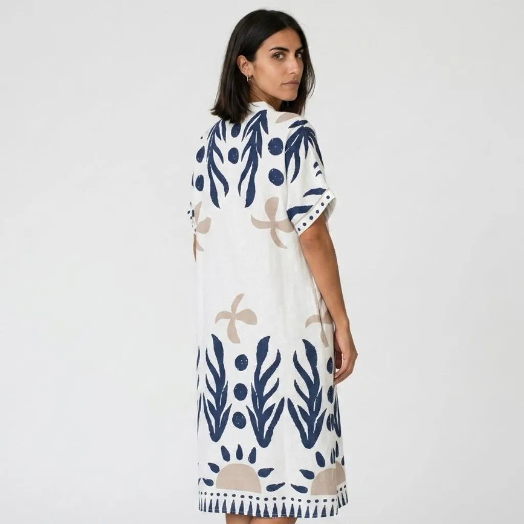 Vestido midi túnica | Corte amplio, lino blanco | Confort elegante