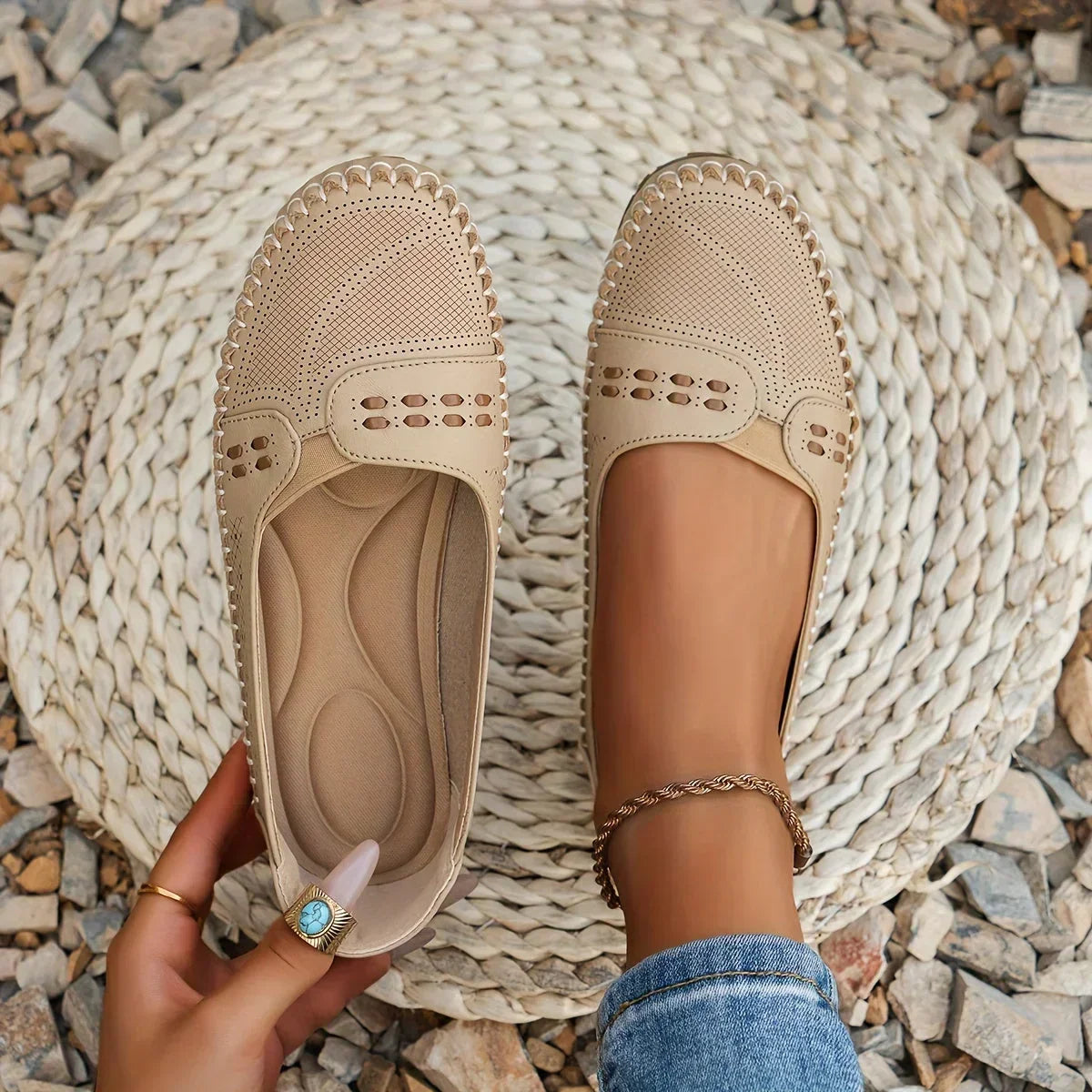 Women perforated slip on loafers comfort casual flat shoes