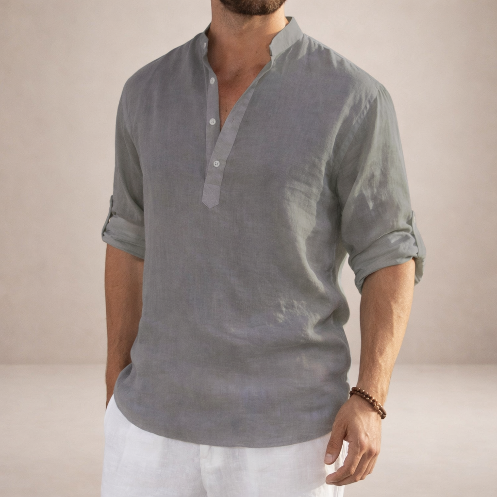 Camisa de Lino Hombre | Ajuste Regular, Cuello Levantado, Transpirable