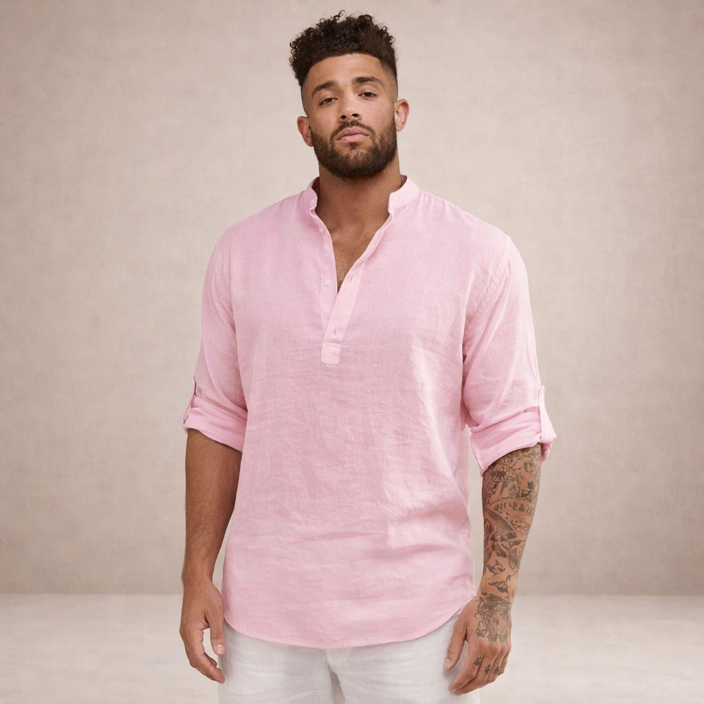 Camisa de Lino Hombre | Ajuste Regular, Cuello Levantado, Transpirable