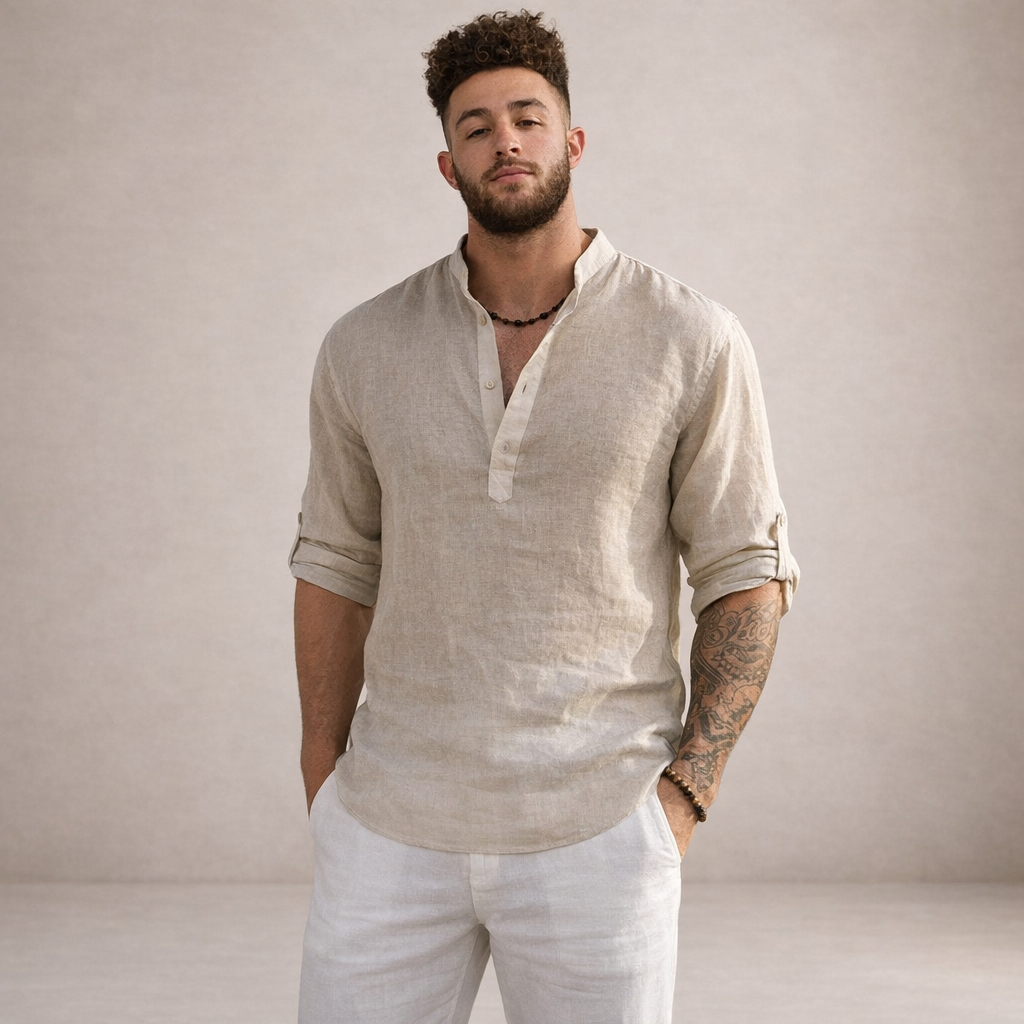 Camisa de Lino Hombre | Ajuste Regular, Cuello Levantado, Transpirable