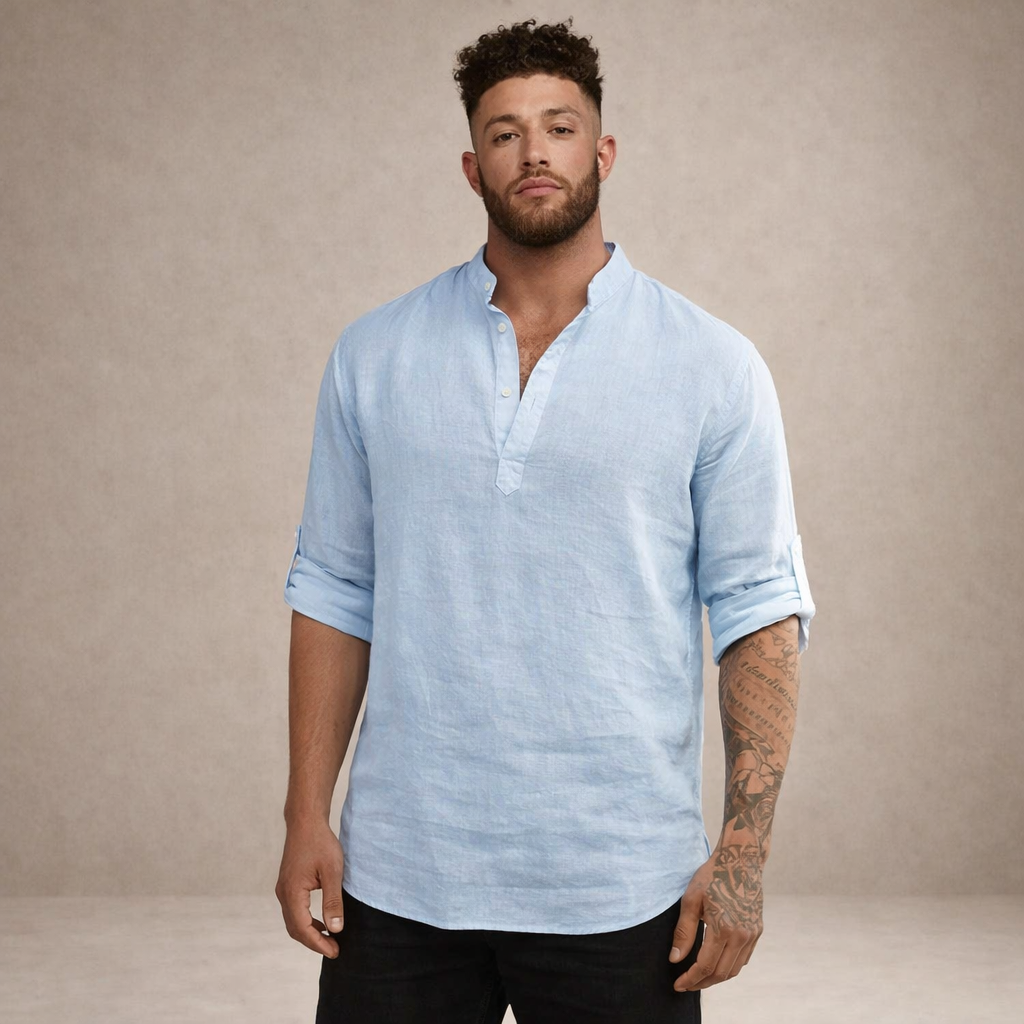 Camisa de Lino Hombre | Ajuste Regular, Cuello Levantado, Transpirable