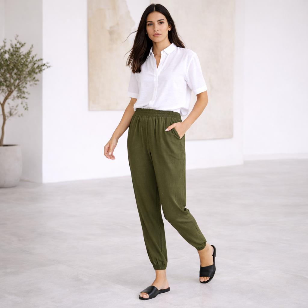 Pantalones de lino - Mujer jogger verano elástico