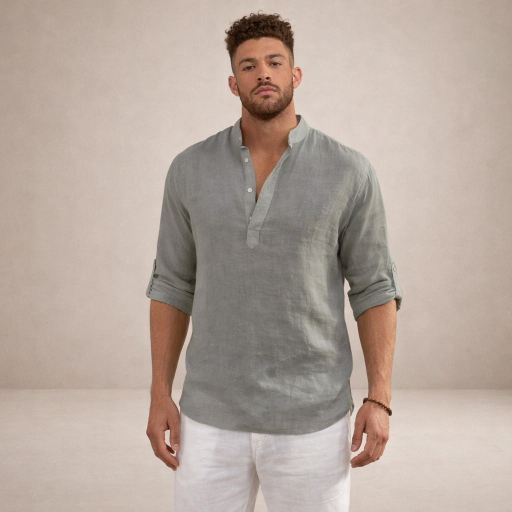 Camisa de Lino Hombre | Ajuste Regular, Cuello Levantado, Transpirable