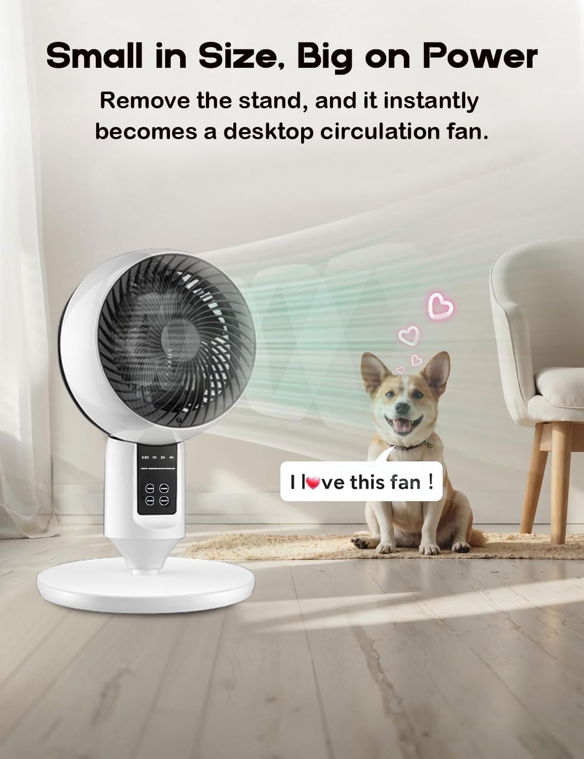 Ventilador de pie con oscilación 3D, altura regulable, silencioso 26 dB, color blanco