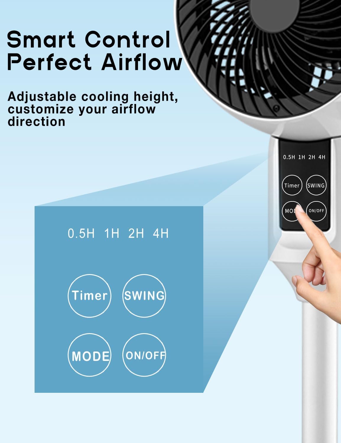 Ventilador de pie con oscilación 3D, altura regulable, silencioso 26 dB, color blanco