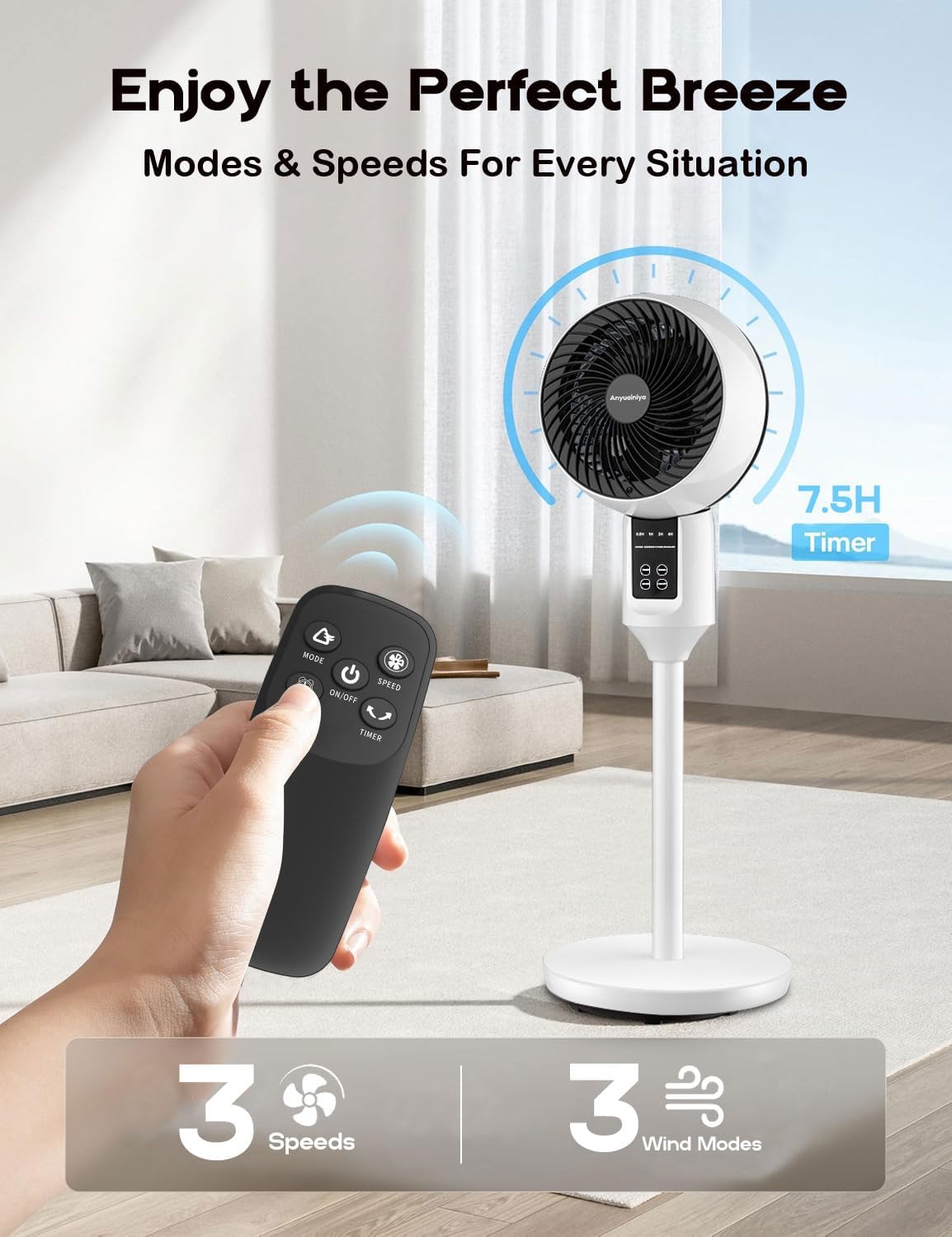 Ventilador de pie con oscilación 3D, altura regulable, silencioso 26 dB, color blanco