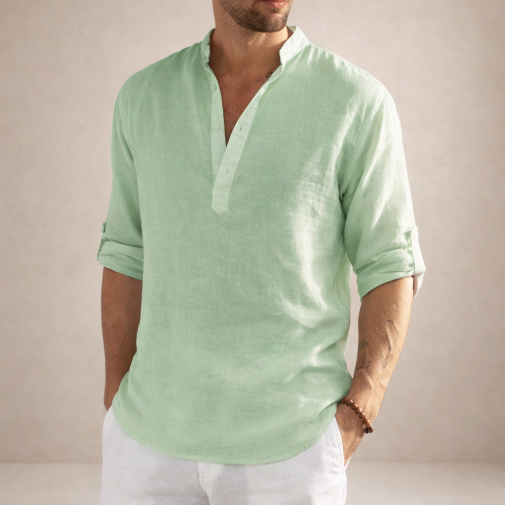 Camisa de Lino Hombre | Ajuste Regular, Cuello Levantado, Transpirable