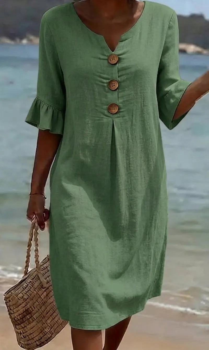Vestido mujer algodón lino verano | Suelto con botones