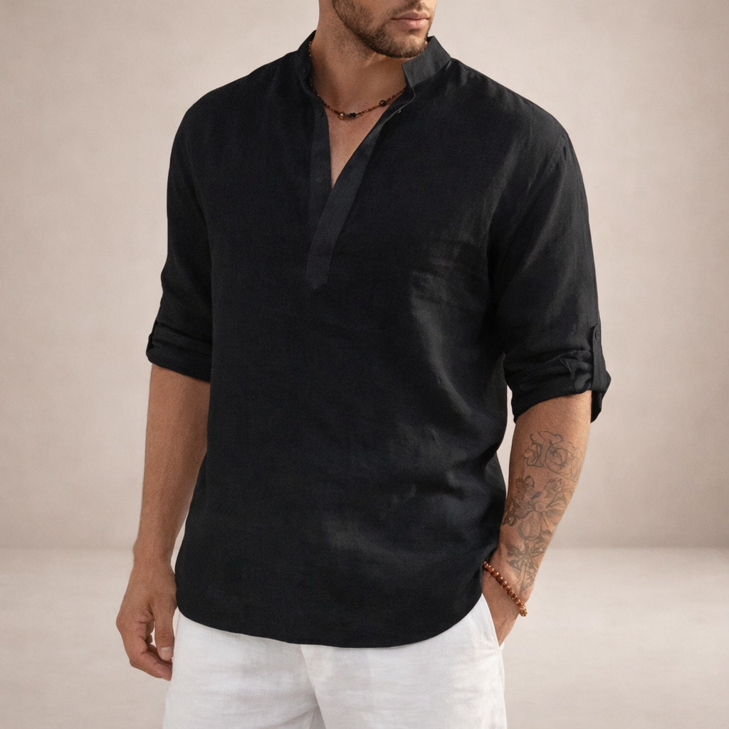 Camisa de Lino Hombre | Ajuste Regular, Cuello Levantado, Transpirable