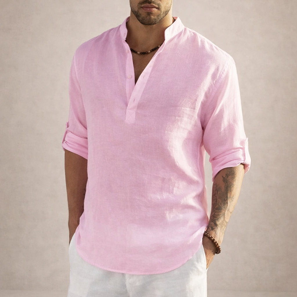 Camisa de Lino Hombre | Ajuste Regular, Cuello Levantado, Transpirable