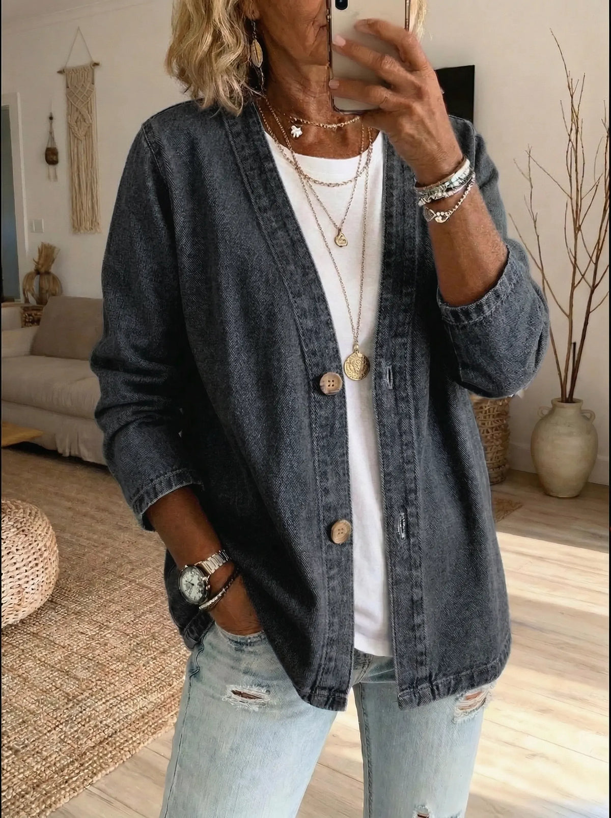 Abrigo denim mujer botones manga larga silueta recta