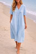 Vestido Midi de Lino para Mujer | Cuello en V Relajado