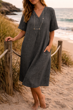 Vestido Midi de Lino para Mujer | Cuello en V Relajado