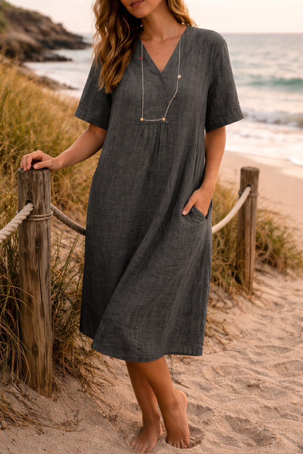 Vestido Midi de Lino para Mujer | Cuello en V Relajado