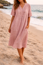 Vestido Midi de Lino para Mujer | Cuello en V Relajado