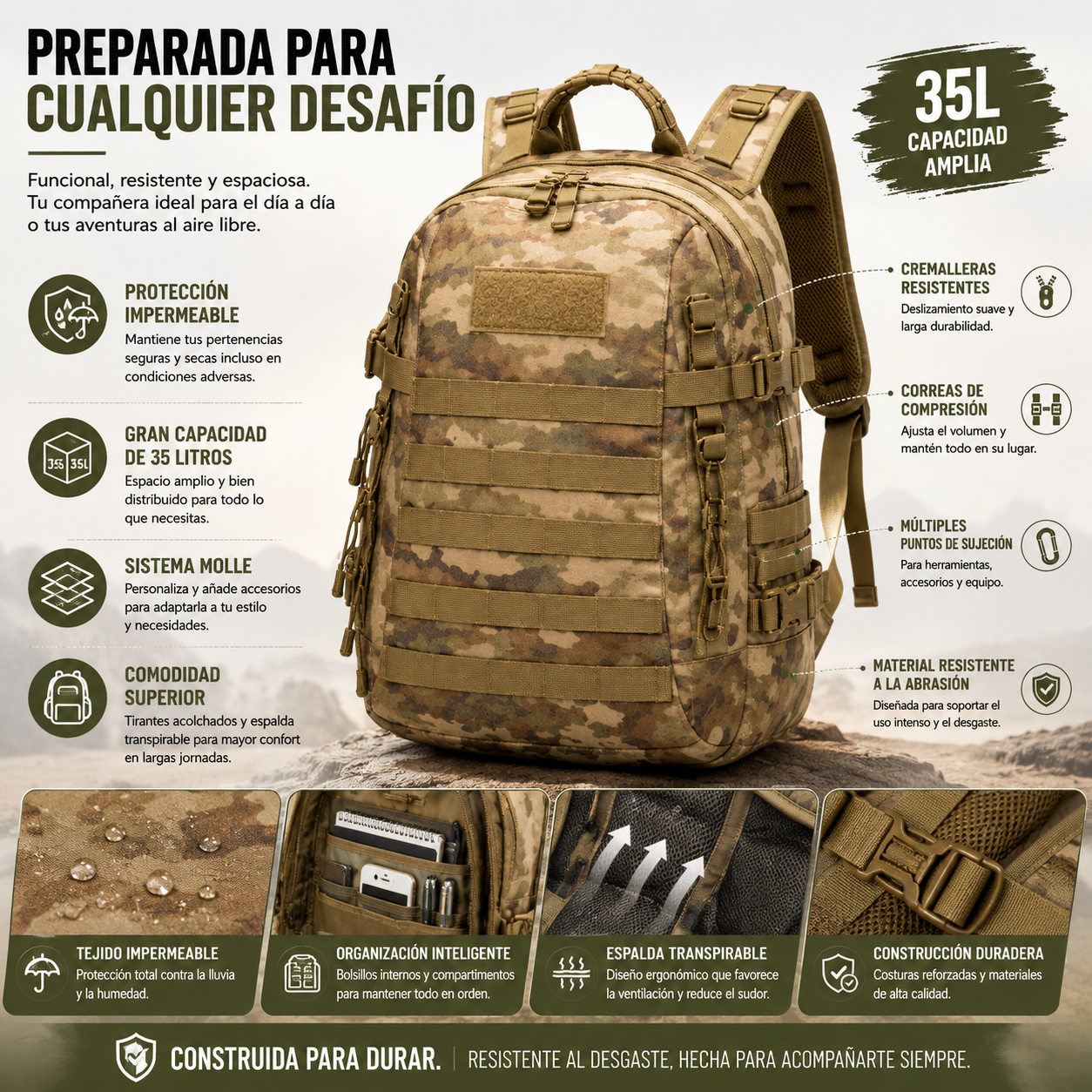 Mochila Táctica 35L | Impermeable, Senderismo, Equipo Exterior