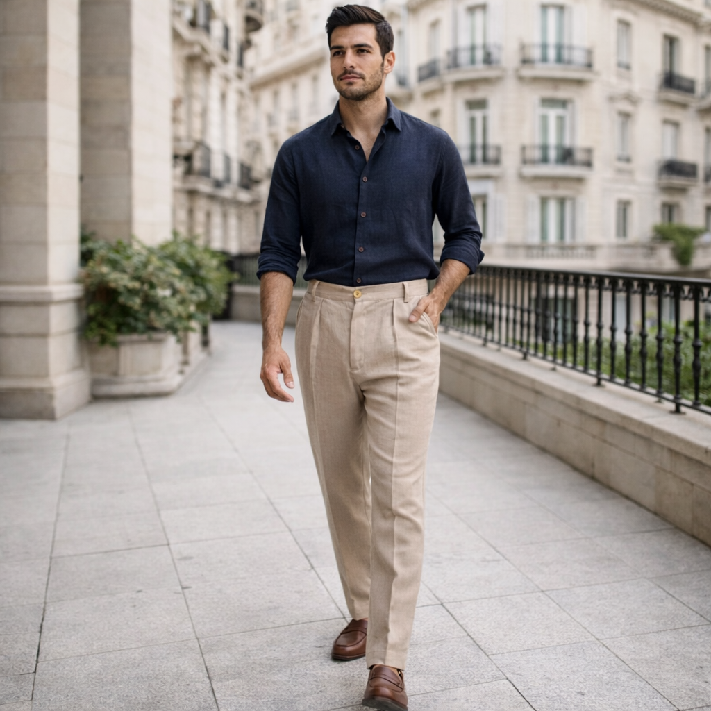 Pantalones de lino - Hombre Beige - Elegante Corte Recto Premium
