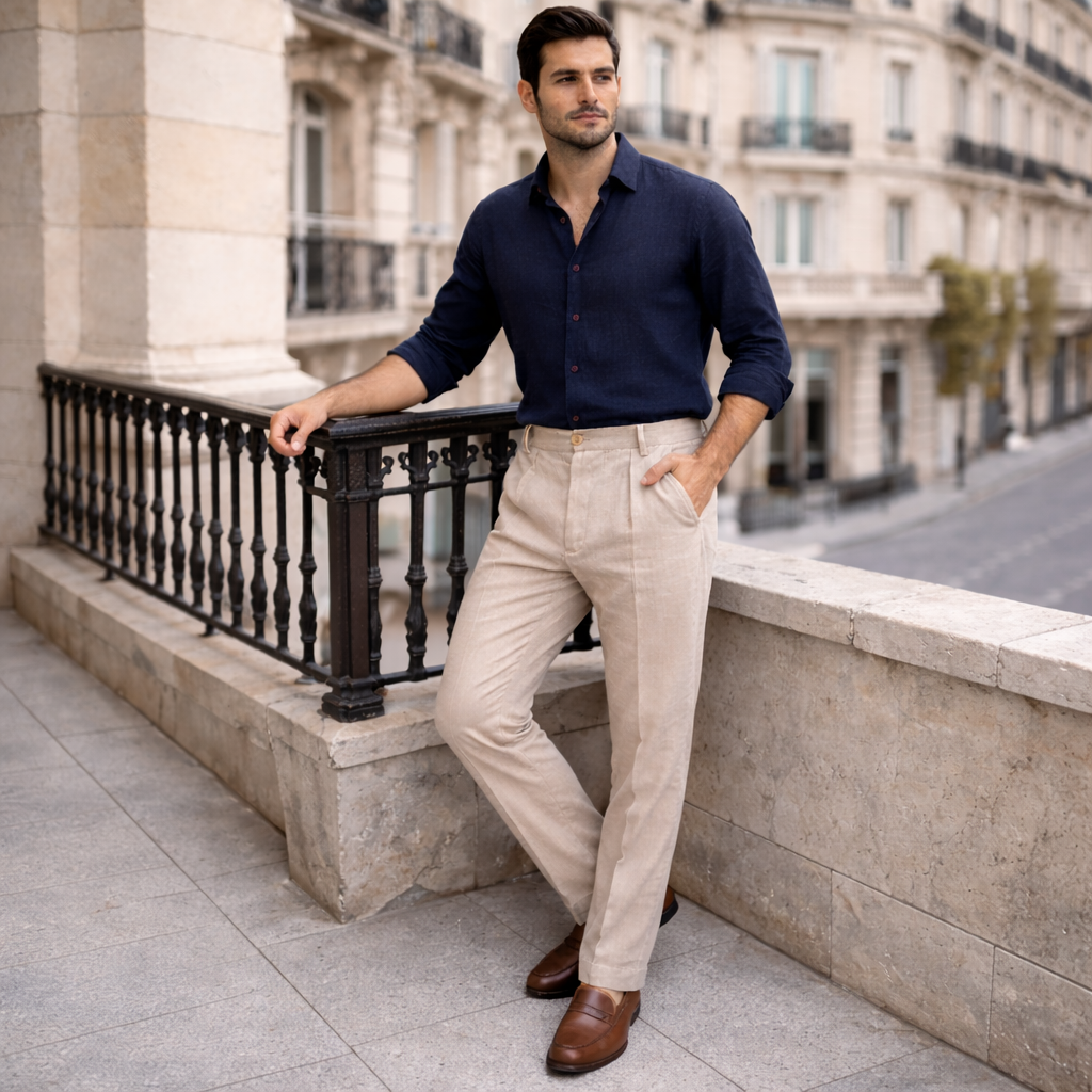 Pantalones de lino - Hombre Beige - Elegante Corte Recto Premium