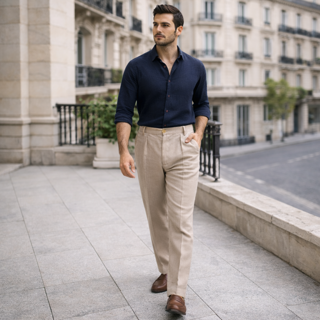 Pantalones de lino - Hombre Beige - Elegante Corte Recto Premium