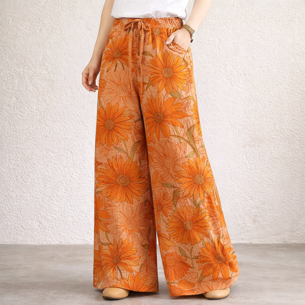 Pantalón de lino Mujer - Naranja Recto Verano Fluido