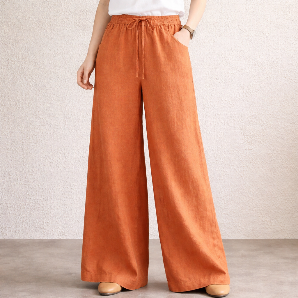 Pantalón de lino Mujer - Naranja Recto Verano Fluido