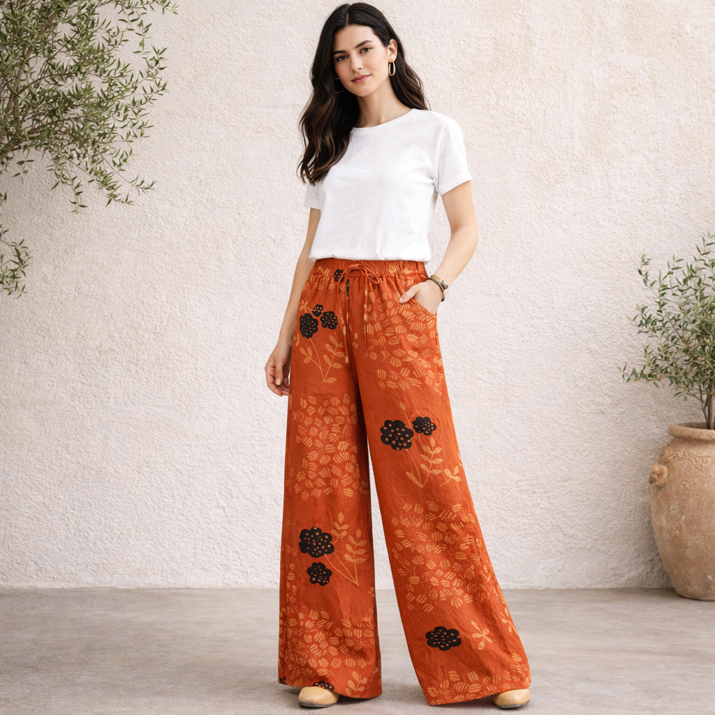 Pantalón de lino Mujer - Naranja Recto Verano Fluido