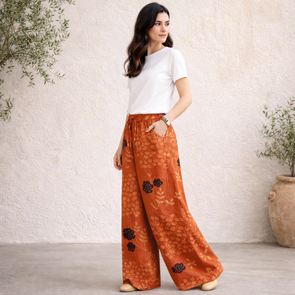 Pantalón de lino Mujer - Naranja Recto Verano Fluido