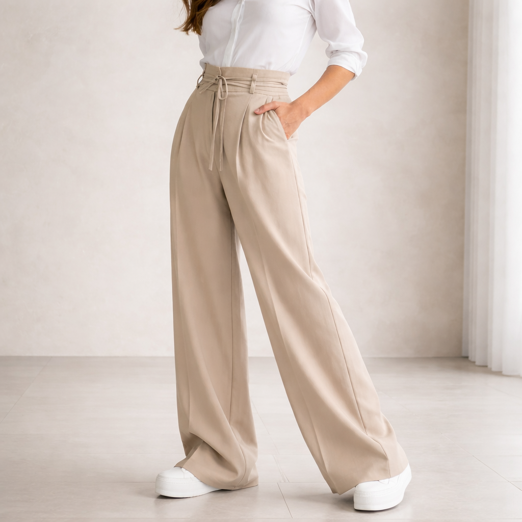 Elegantes pantalones de lino - de cintura alta para mujer