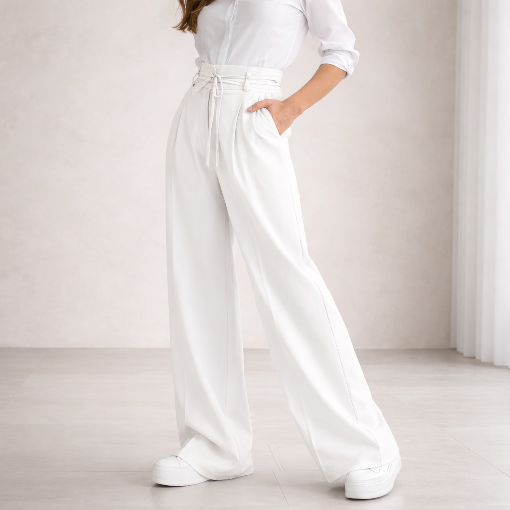 Elegantes pantalones de lino - de cintura alta para mujer