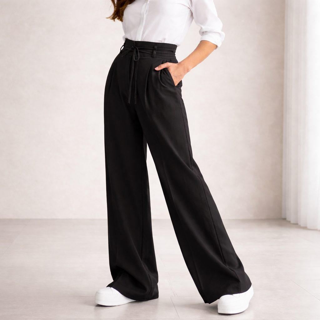 Elegantes pantalones de lino - de cintura alta para mujer