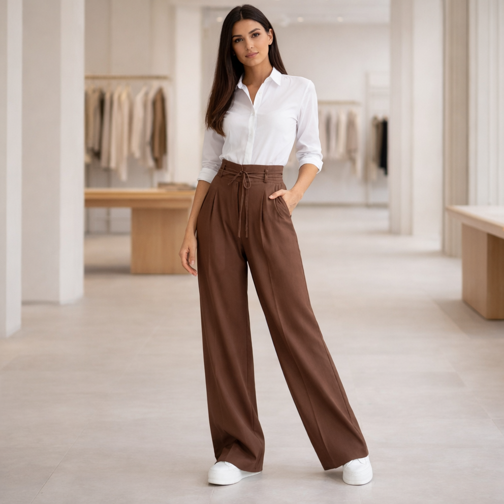 Elegantes pantalones de lino - de cintura alta para mujer