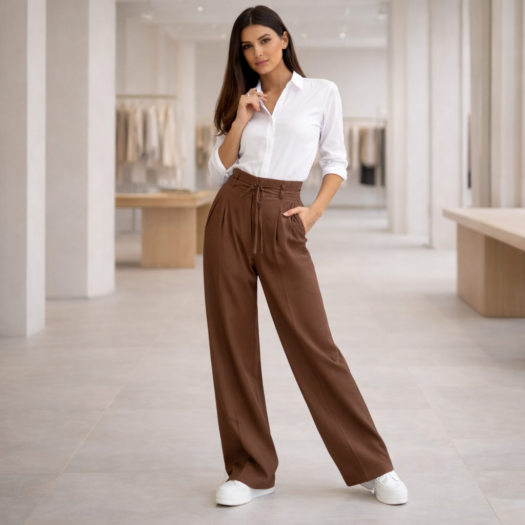 Elegantes pantalones de lino - de cintura alta para mujer