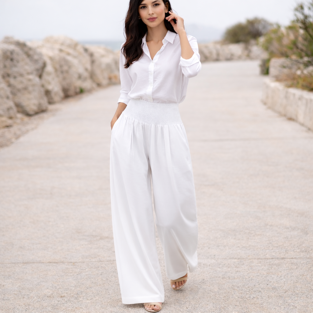 Pantalones de lino - Mujer palazzo cintura alta verano