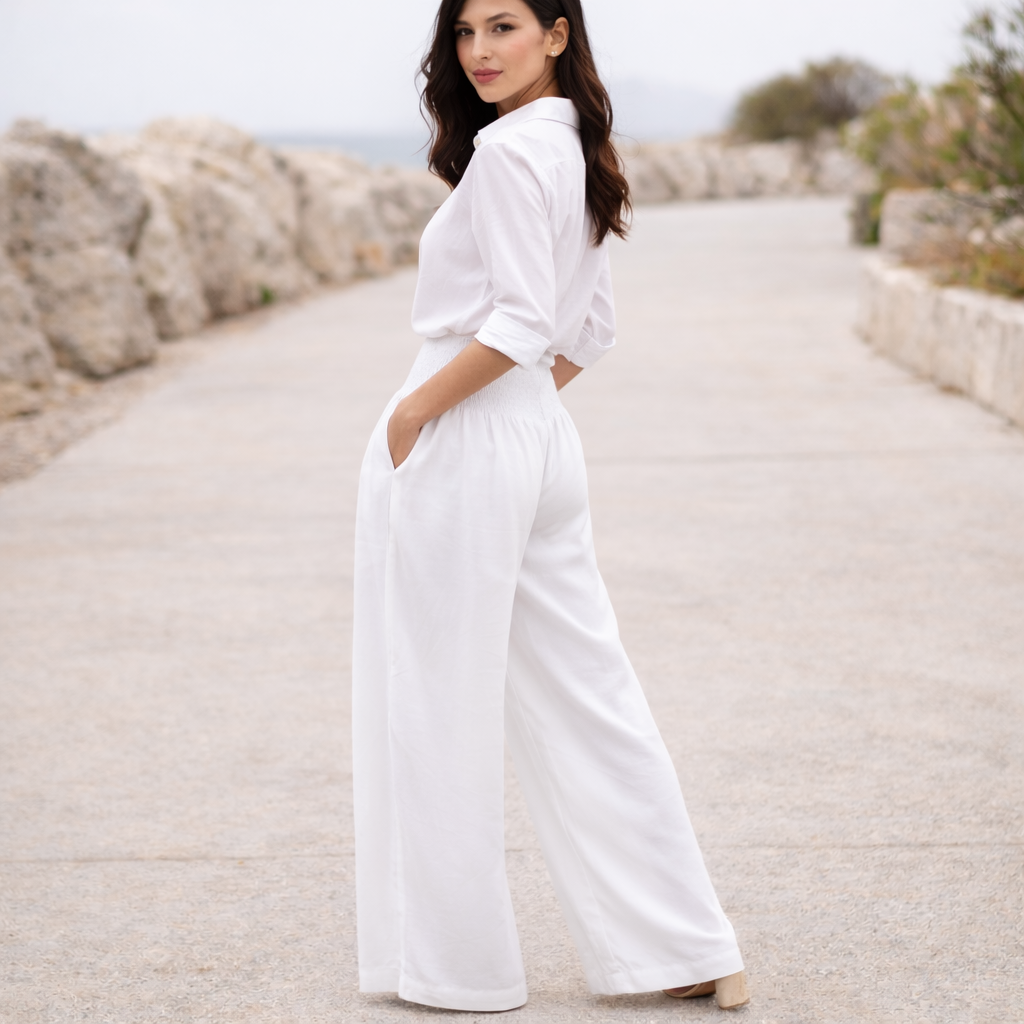 Pantalones de lino - Mujer palazzo cintura alta verano